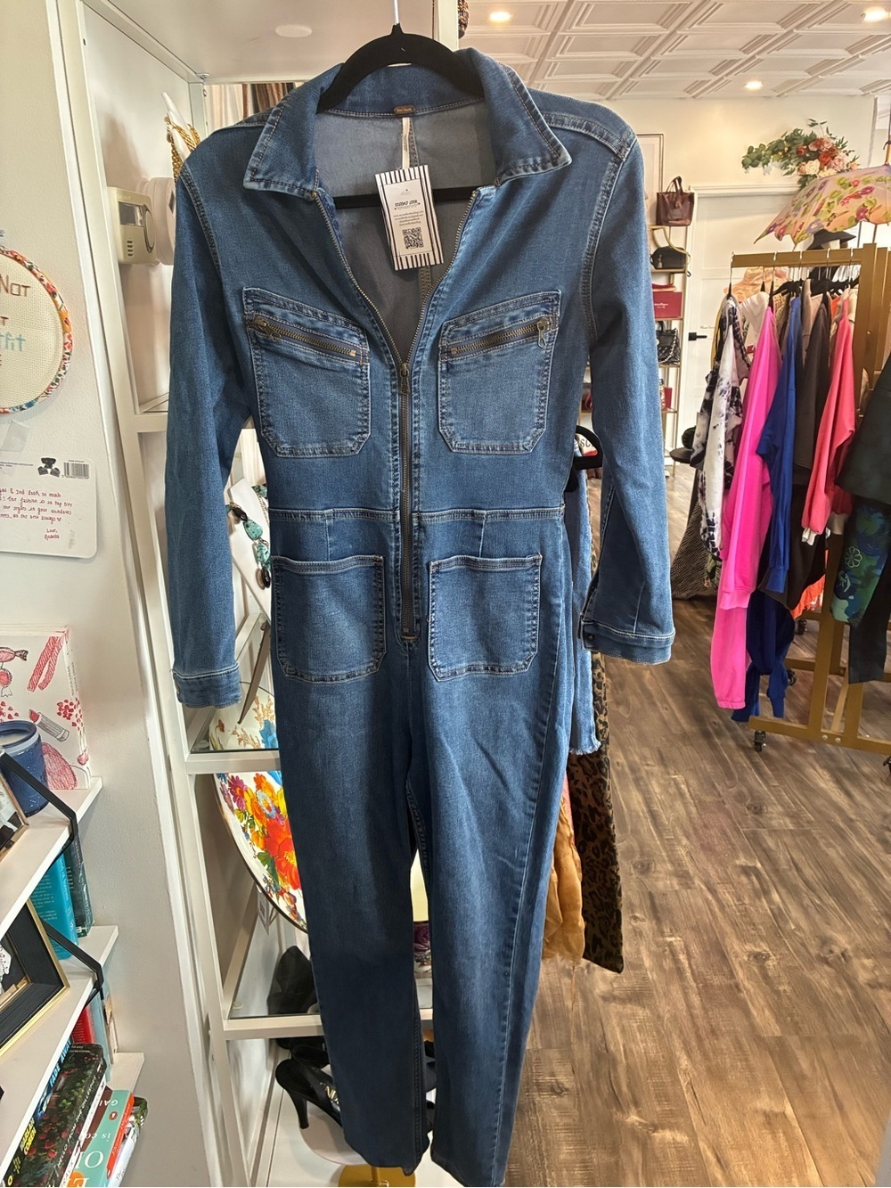 Free People Denim Zip-Front Jumpsuit size S